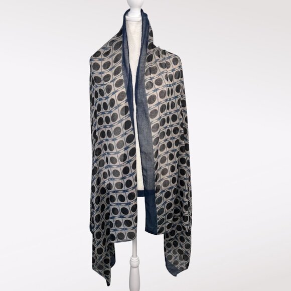 Vintage Oversized Rectangle Scarf Wrap Navy Blue Gray Geometric Circles Mod - Picture 1 of 8